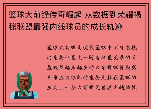篮球大前锋传奇崛起 从数据到荣耀揭秘联盟最强内线球员的成长轨迹
